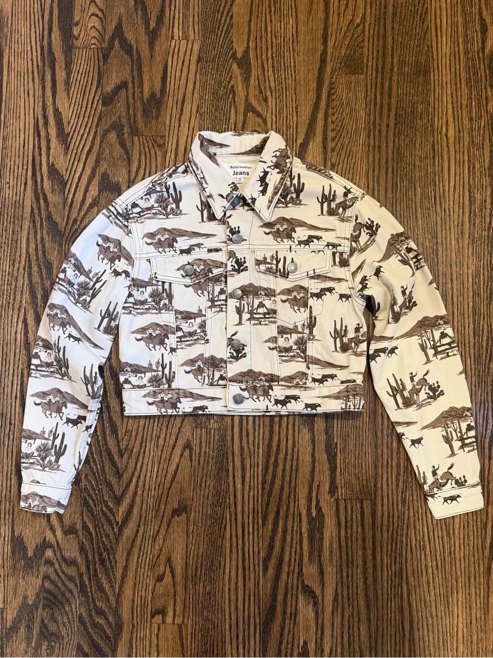 Reformation Cora Shrunken Denim Jacket XS Desert Sand Western Cowboy Print